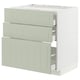 Armoire de cuisine blanche avec trois tiroirs verts et rainures verticales.