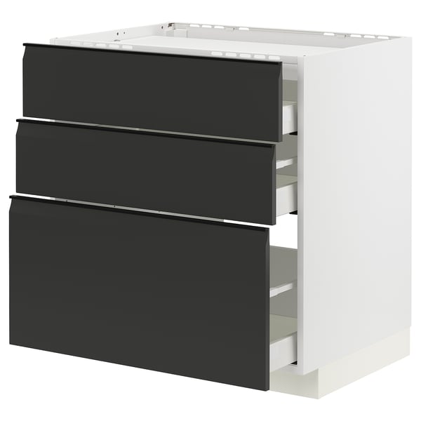 Armoire de cuisine moderne avec trois tiroirs noir mat, design élégant et minimaliste, idéale pour les intérieurs contemporains.