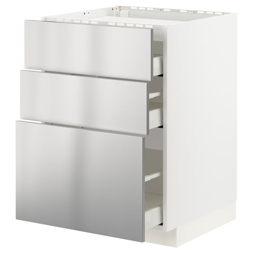 Une armoire de cuisine ikea METOD blanche avec des tiroirs en acier inoxydable, conçue pour une installation au four ou dans un évier.
