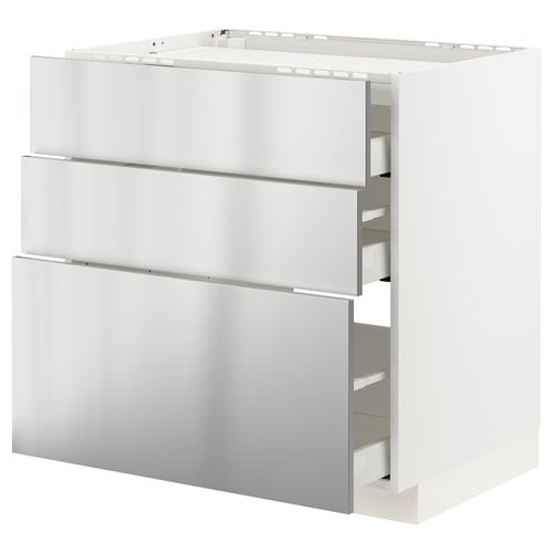 Un meuble de rangement de cuisine METOD avec trois tiroirs en acier inoxydable, offrant un design épuré et industriel.