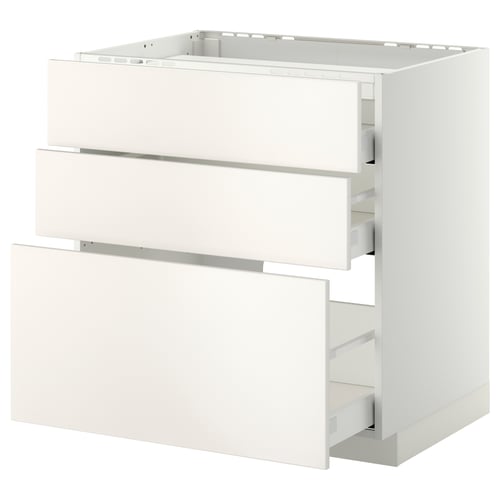 Cette image montre une armoire de cuisine ikea METOD en blanc. Il s’agit de trois tiroirs au design élégant et minimaliste.