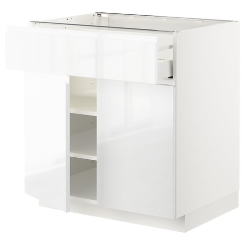 Armoire de cuisine blanche brillante avec un design moderne et deux étagères ouvertes.