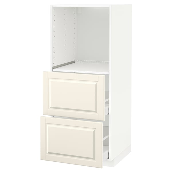 Meuble de cuisine METOD avec tiroirs blanc cassé, étagère réglable et bords biseautés.
