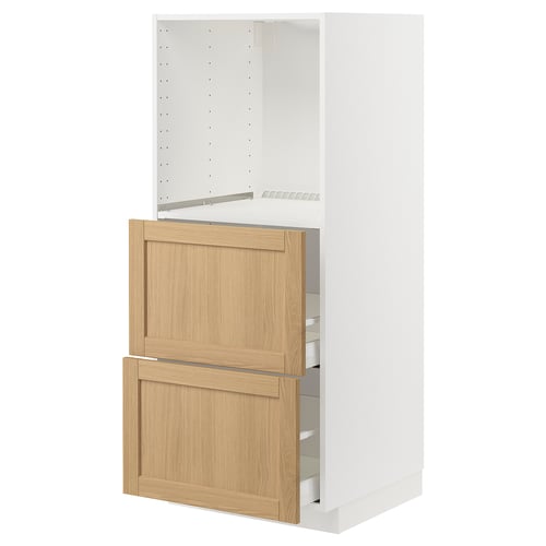 Armoire METOD blanche avec tiroir en chêne, forme rectangulaire.