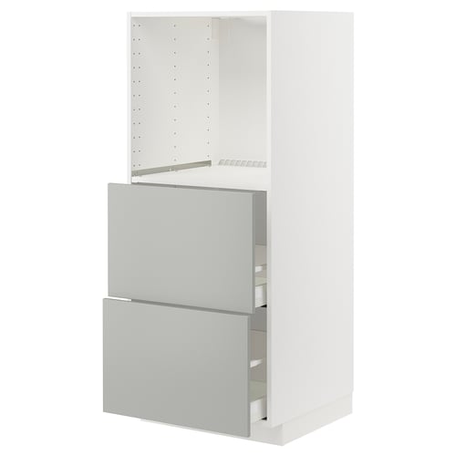 Cette image montre un meuble de cuisine moderne ikea METOD blanc et gris clair avec des tiroirs ouverts.