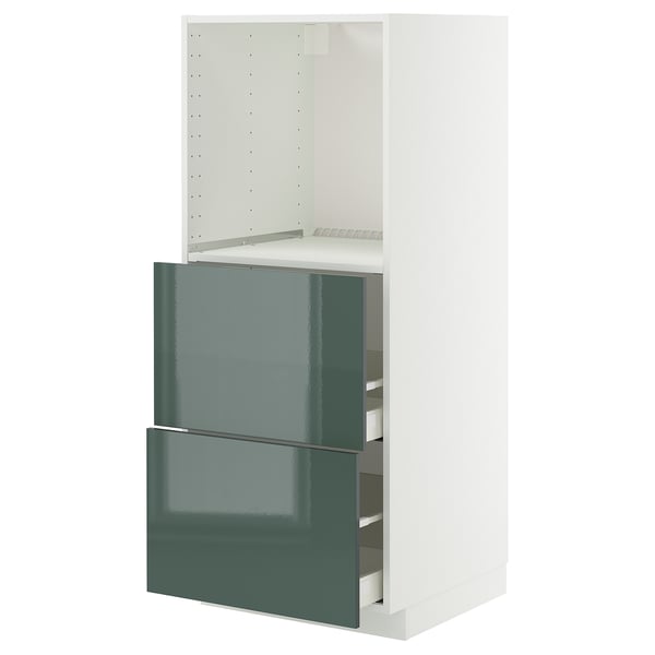 Armoire de cuisine vert-gris brillant avec deux tiroirs et étagère réglable d’ikea.