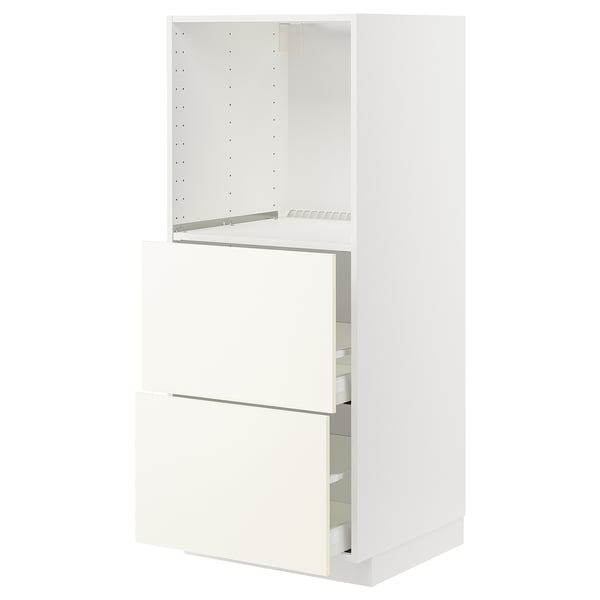 Un ensemble d’armoires de cuisine METOD blanc avec tiroirs et étagères. Il s’agit d’un design élégant et moderne avec des étagères réglables et des tiroirs coulissants en douceur.