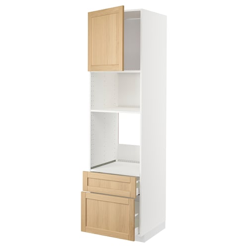 Armoire de cuisine blanche et en bois avec tiroirs et étagères ouverts.