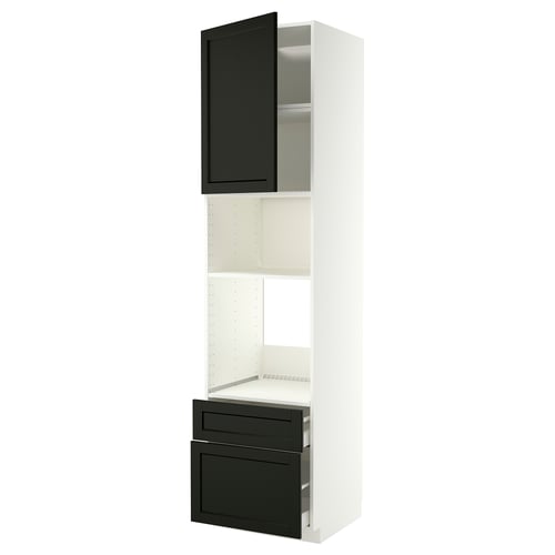 Unité de cuisine moderne : METOD, blanche avec tiroirs noirs et étagères ouvertes. Haut, rectangulaire avec des portes à bord biseauté.