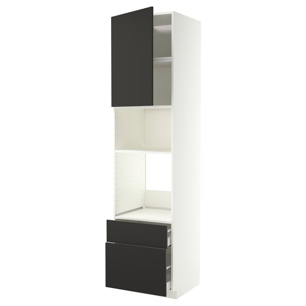 Un meuble de cuisine METOD blanc et noir au design moderne et des tiroirs noirs, avec un cadre haut et des étagères de rangement.