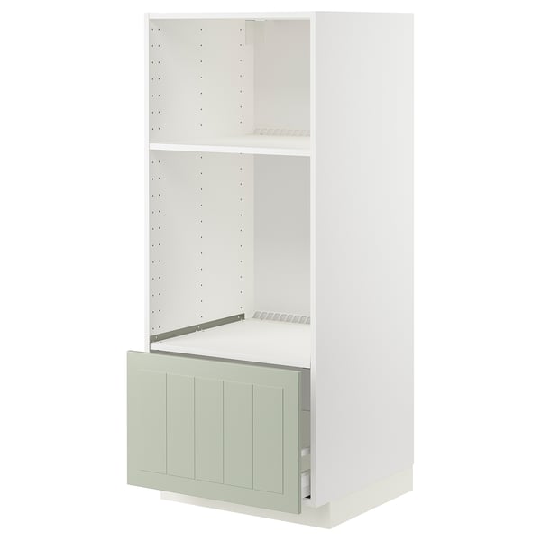 Un meuble de cuisine METOD blanc avec un tiroir vert. Il possède une étagère ouverte et un tiroir escamotable. Le cabinet est rectangulaire et aux lignes modernes.