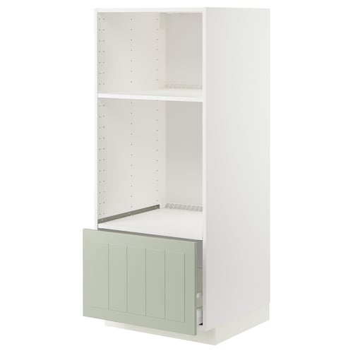 Un meuble de cuisine METOD blanc avec un tiroir vert. Il possède une étagère ouverte et un tiroir escamotable. Le cabinet est rectangulaire et aux lignes modernes.