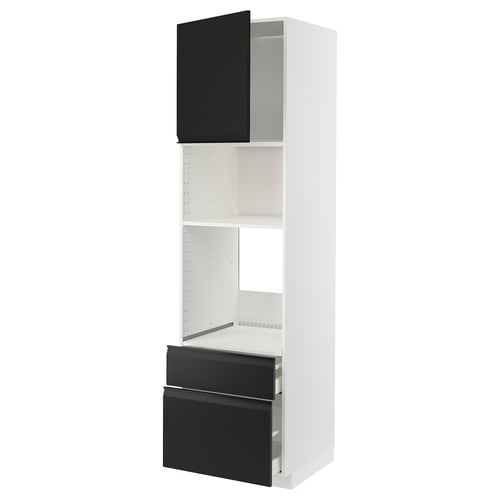Meuble de cuisine METOD en blanc et noir, moderne avec étagère réglable, tiroir ouvert, poignées noires.