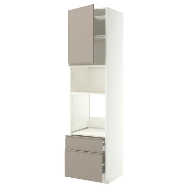 Meuble de cuisine moderne gris-beige avec tiroirs et étagères, avec un design élégant sans poignée.
