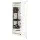 Armoire METOD blanche ouverte, étagères noires, tiroir avec poignée.