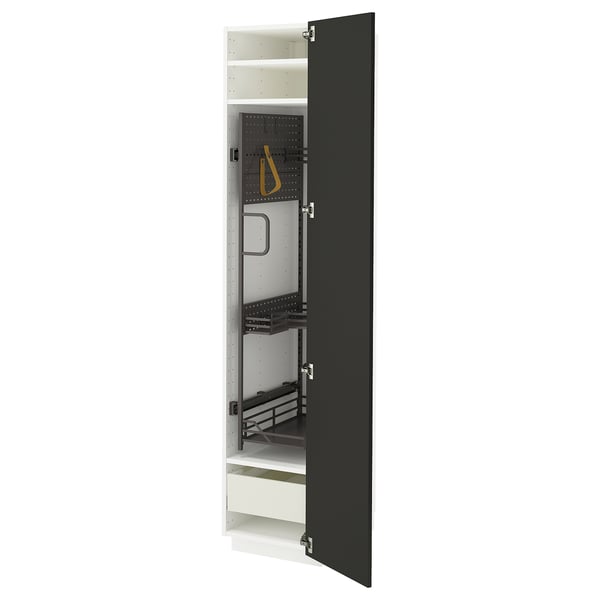 Armoire de cuisine METOD, noire, moderne, vue dégagée. Étagères et tiroirs, réglables, porte amovible.