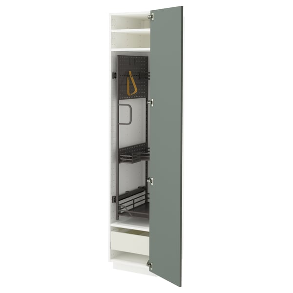 Armoire de cuisine moderne METOD gris-vert avec étagères réglables et tiroirs à fermeture douce.