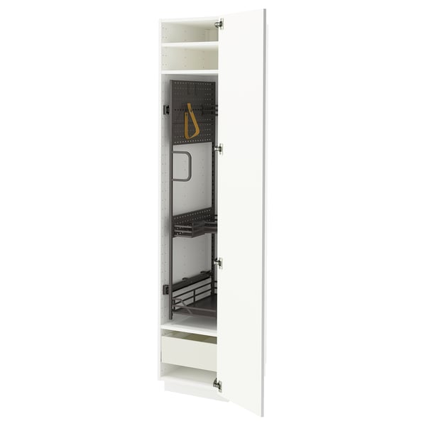 Armoire de cuisine blanche METOD avec porte brillante, étagères réglables et tiroirs à fermeture en douceur.