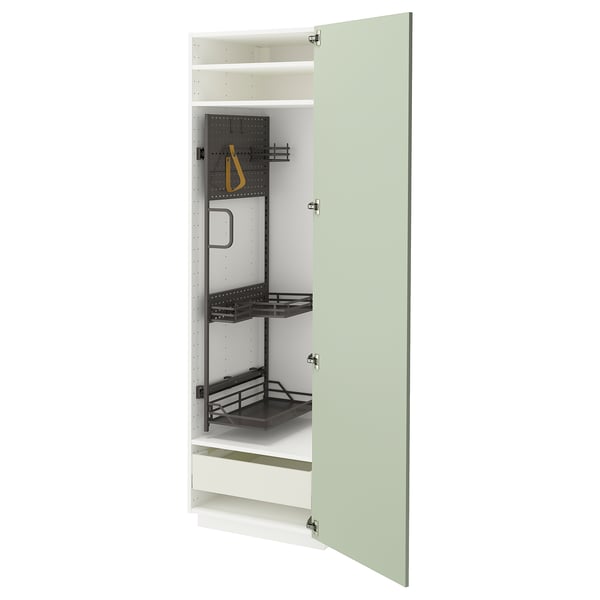 Meuble de cuisine METOD avec portes en stensund vert, étagères réglables et tiroirs à fermeture amortie.