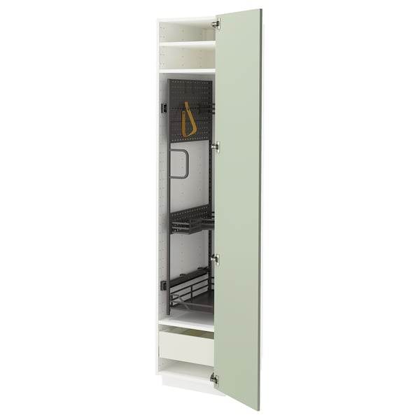 Une armoire de cuisine METOD verte avec organisateur, avec un tiroir et une étagère à l’intérieur.