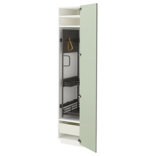 Une armoire de cuisine METOD verte avec organisateur, avec un tiroir et une étagère à l’intérieur.