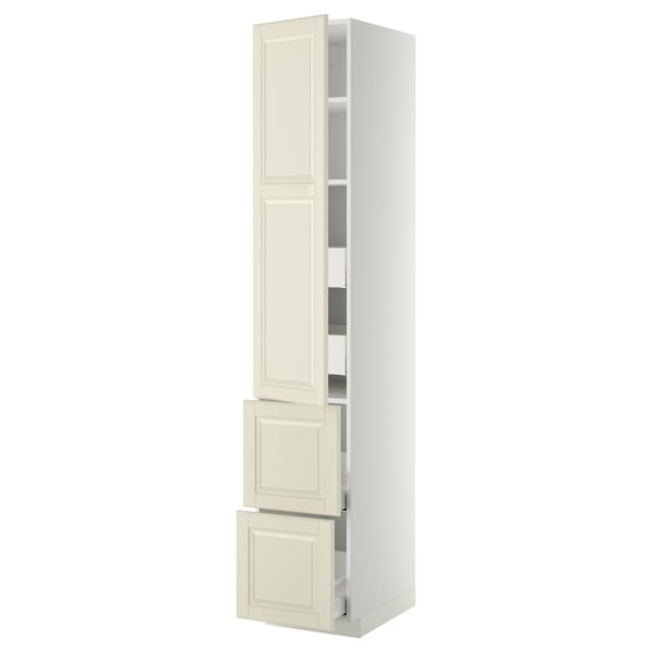 Armoire de cuisine METOD blanc cassé, haute avec étagères et tiroirs, design traditionnel.