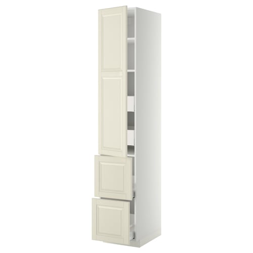 Armoire de cuisine METOD blanc cassé, haute avec étagères et tiroirs, design traditionnel.