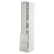 Armoire de cuisine blanche moderne avec tiroirs gris, design haut et élégant, plusieurs étagères, matériaux durables.