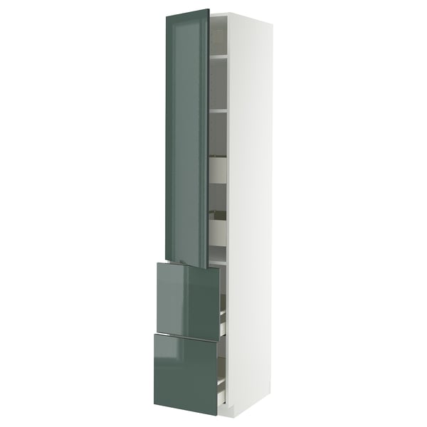 Armoire de cuisine haute moderne avec portes brillantes gris-vert. Combine des tiroirs et des étagères pour le rangement.
