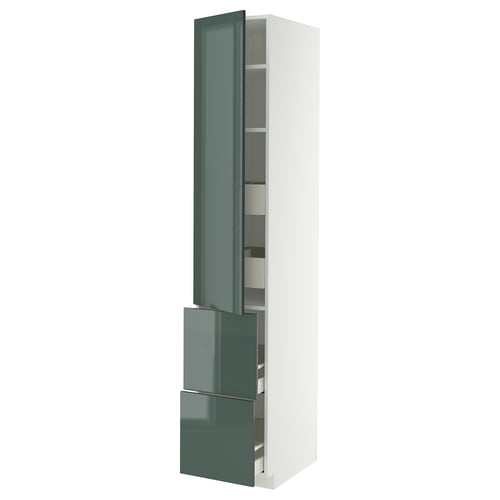 Armoire de cuisine haute moderne avec portes brillantes gris-vert. Combine des tiroirs et des étagères pour le rangement.