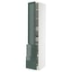 Armoire de cuisine haute moderne avec portes brillantes gris-vert. Combine des tiroirs et des étagères pour le rangement.