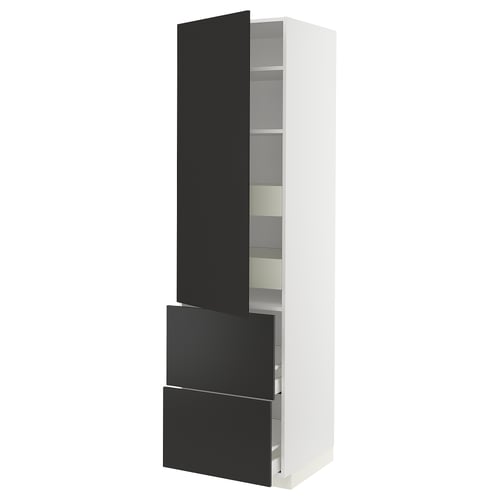 Armoire de cuisine moderne en blanc et noir, haute avec étagère réglable, tiroir et fonction de fermeture lente.