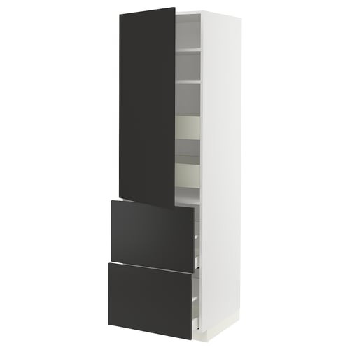Armoire de cuisine moderne avec portes METOD noires, cadre blanc, étagères réglables, deux tiroirs, design élégant.