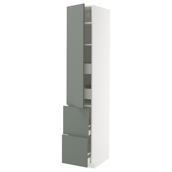 Unité de cuisine METOD blanche moderne avec tiroirs et porte gris-vert, design élégant, étagères réglables.