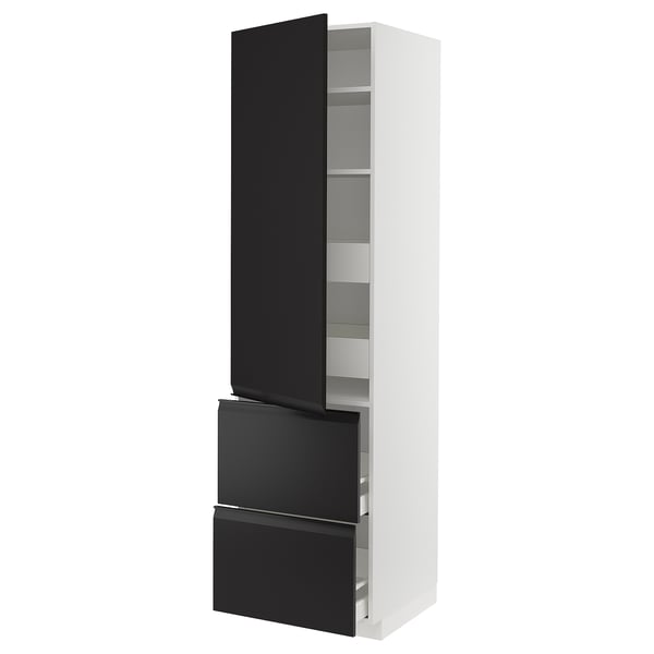 Armoire moderne en noir et blanc, haute et étroite avec des étagères et tiroirs réglables, design élégant.
