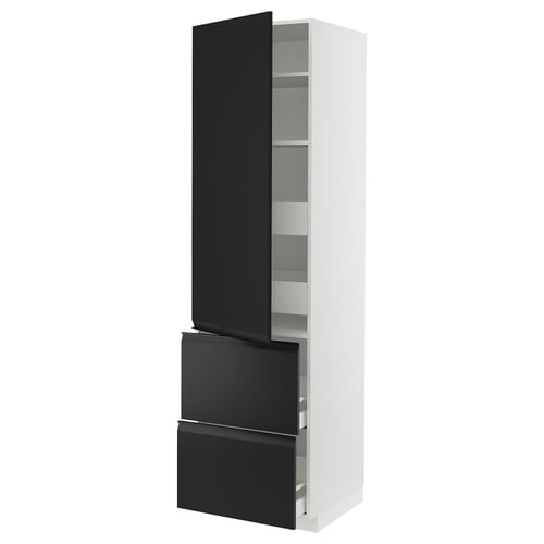 Armoire moderne en noir et blanc, haute et étroite avec des étagères et tiroirs réglables, design élégant.
