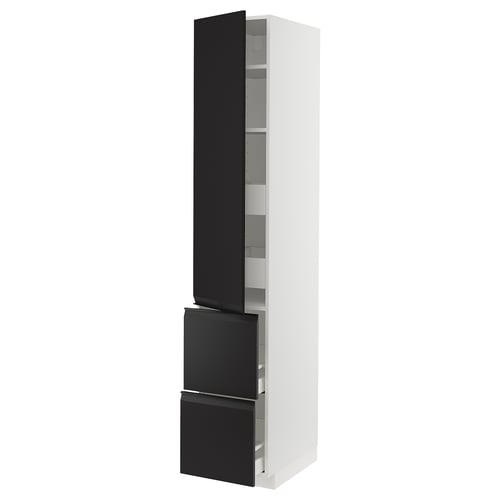 Armoire haute moderne en noir et blanc avec tiroirs et étagères. Porte et tiroirs noirs, cadre blanc.