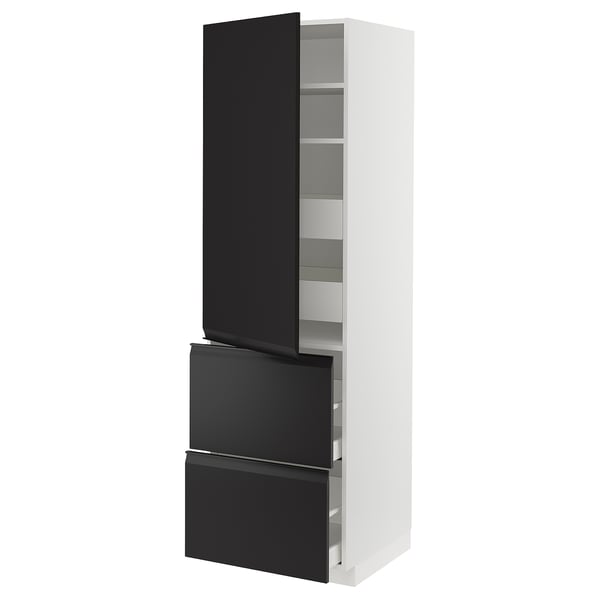 Armoire de cuisine moderne en noir et blanc avec un design élégant et des étagères réglables.