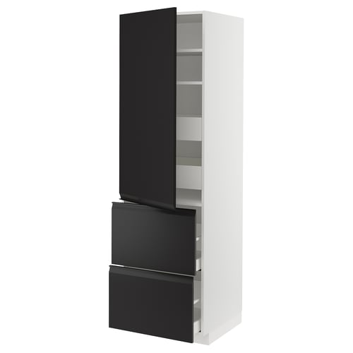 Armoire de cuisine moderne en noir et blanc avec un design élégant et des étagères réglables.
