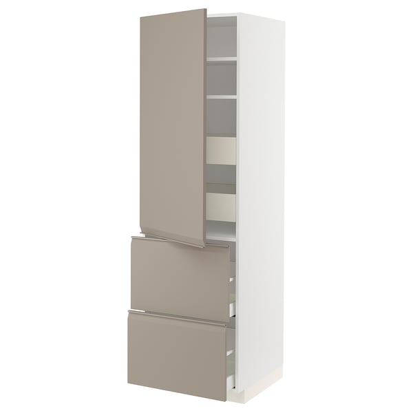 Armoire de cuisine moderne plus haute en gris-beige avec poignée intégrée, deux tiroirs et étagères réglables.