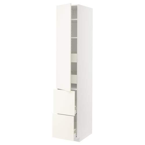 Armoire blanche, verticale, avec étagères et tiroirs, design minimaliste.