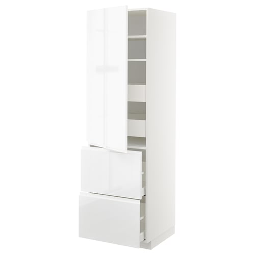 Armoire blanche brillante avec tiroirs et étagères pour cuisine moderne.