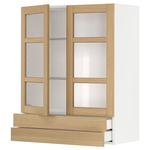 Unité de cuisine moderne, bois blanc et clair, portes vitrées, 3 étagères, 2 tiroirs.