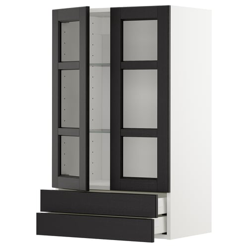 Armoire de cuisine teintée noire avec portes en verre et deux tiroirs. Style traditionnel moderne, cadre en bois de frêne robuste.