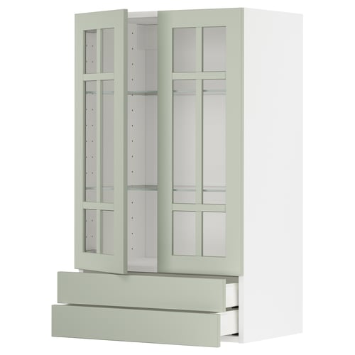 Meuble de cuisine METOD en vert avec portes, armoires et tiroirs en verre, fond blanc.