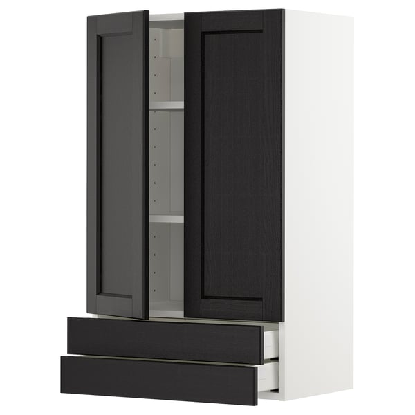 Meuble de cuisine METOD, frêne teinté noir, rectangulaire avec 2 portes et 2 tiroirs, design moderne.