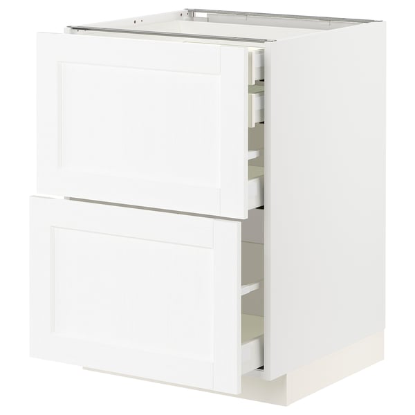 Armoire de cuisine blanche avec plusieurs tiroirs et étagères. Design moderne, finition lisse.