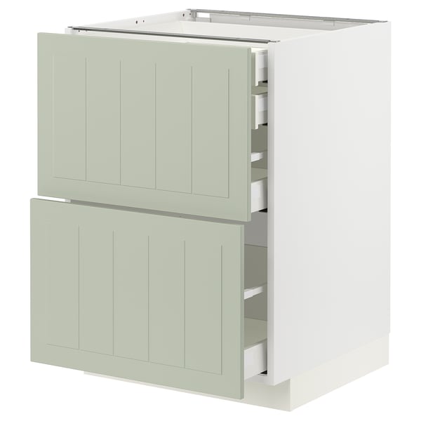 Meuble de cuisine Ikea METOD, vert, rectangulaire avec tiroirs ouverts.