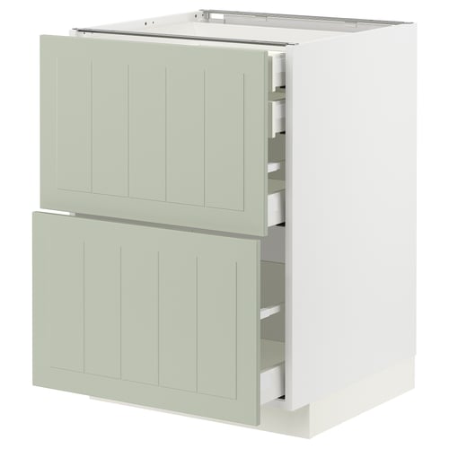 Meuble de cuisine Ikea METOD, vert, rectangulaire avec tiroirs ouverts.