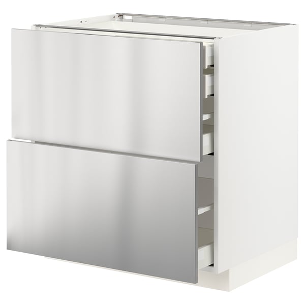 Meuble de cuisine METOD en acier inoxydable avec tiroirs. Moderne, finition métallique, lignes épurées, design industriel.